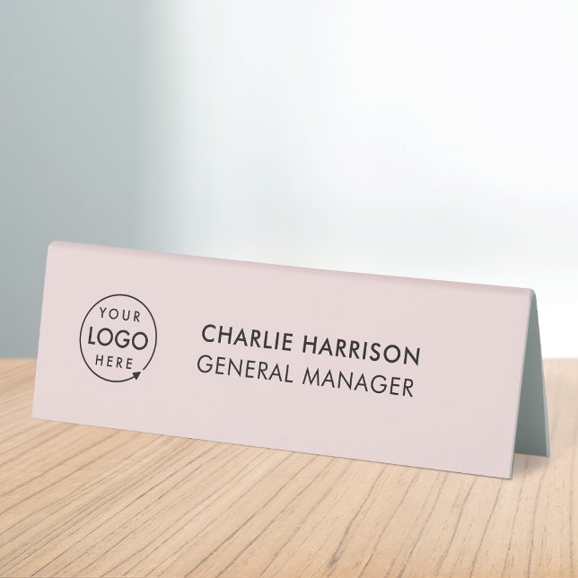Business Logo | Blush Pink Modern Desk Name Plate (Pink company branded nameplate table tent desk signs for small business employee & office signage.)