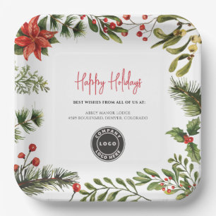 Business Logo Botanical Christmas Employees Party Paper Plate