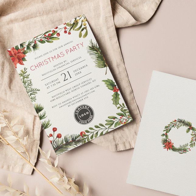 Business Logo Botanical Christmas Party Invitation (Corporate Christmas Poinsettia Botanical Logo Party with Cowrorkers Invitation)