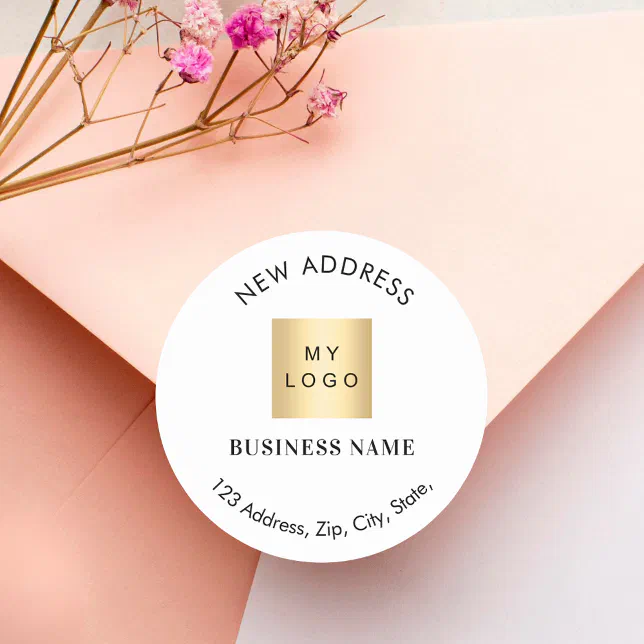 Business logo brand colour moved new address classic round sticker | Zazzle