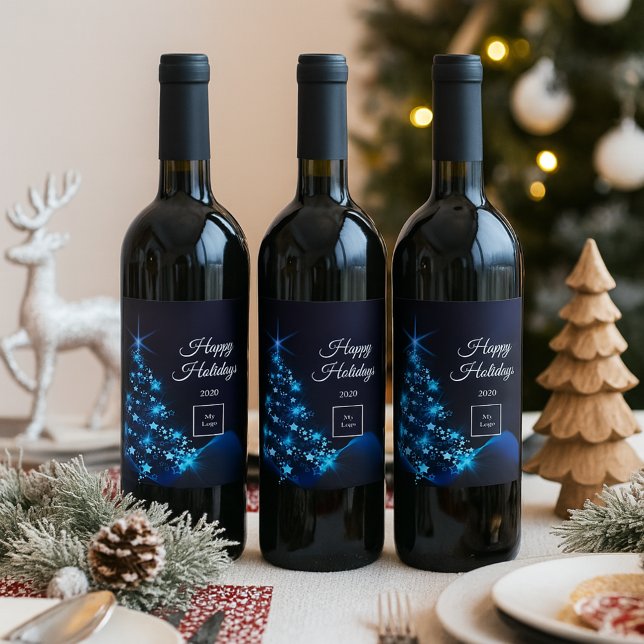 Business logo Christmas black blue modern tree Wine Label (Creator Uploaded)