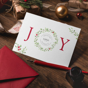 Business Logo Christmas JOY Watercolor Wreath Holiday Card
