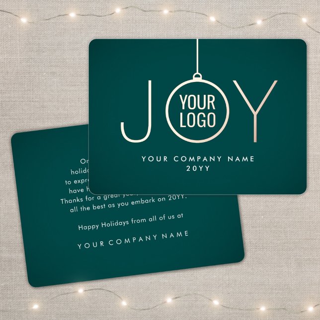 Business Logo Christmas Ornament Teal Green JOY Foil Holiday Card (Creator Uploaded)