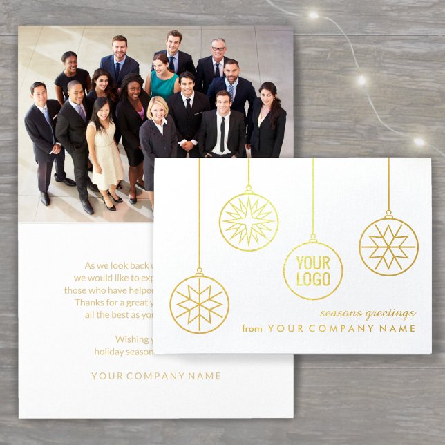 Business Logo Christmas Ornaments 1 Photo Holiday Foil Card (Creator Uploaded)
