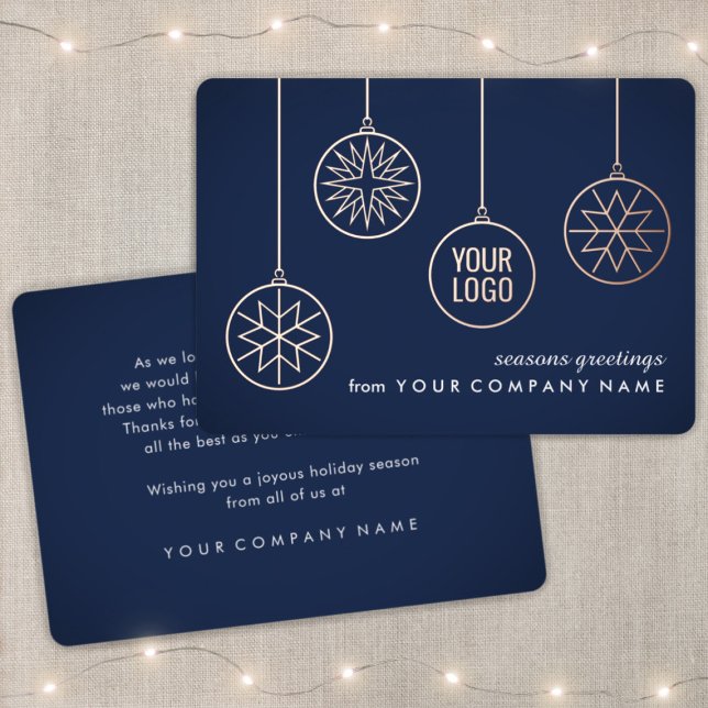 Business Logo Christmas Ornaments Navy Blue Simple Foil Holiday Card (Creator Uploaded)