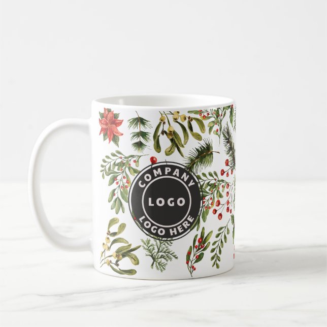 Business Logo Christmas Pine Red Berries Botanical Coffee Mug (Left)