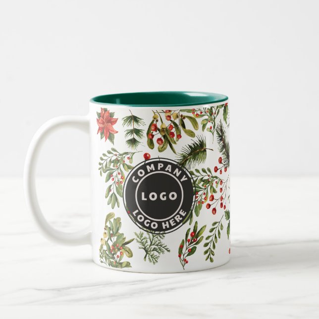 Business Logo Christmas Pine Red Berries Botanical Two-Tone Coffee Mug (Left)
