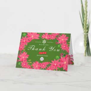 Business Logo Christmas Poinsettia White Thank You Card