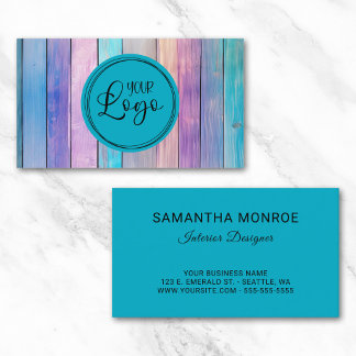 Business Logo Circle Purple Pink Teal Wood Planks Card