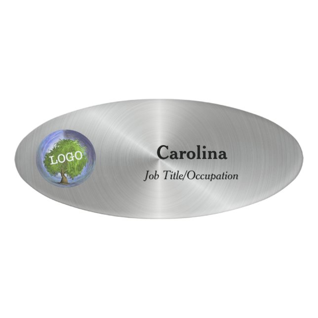 Business Logo Company Magnetic Oval Silver Name Tag (Front)