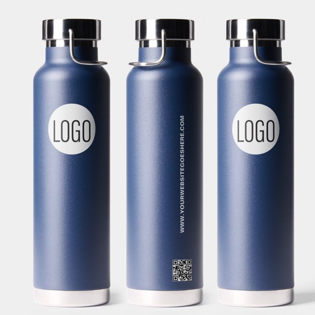 Business logo Custom QR code website Blue Water Bottle (Business branded Promotional dark Blue waterbottle with logo, website and QR Code)