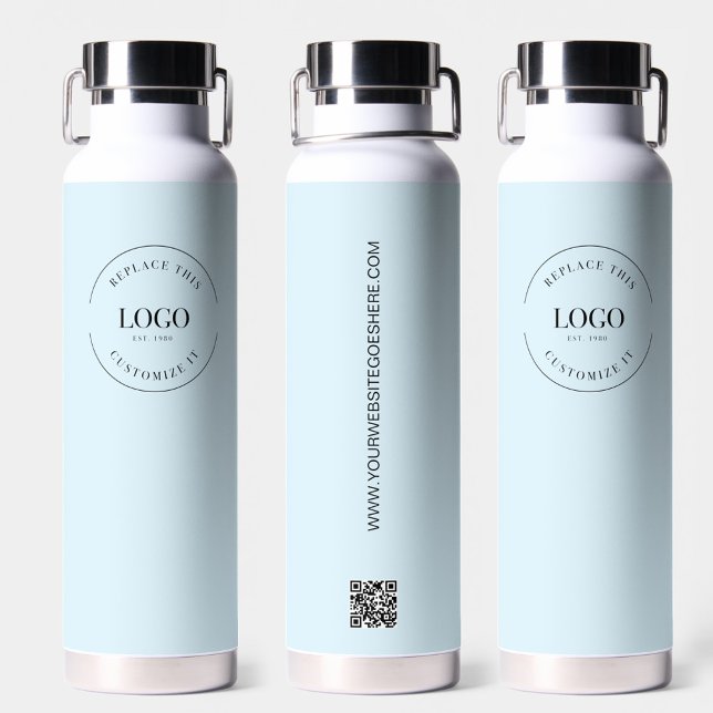 Business logo Custom QR code website blue Water Bottle (Light blue custom business logo and website water bottle merchandise)