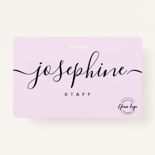 Business logo Custom script name pink staff ID Badge
