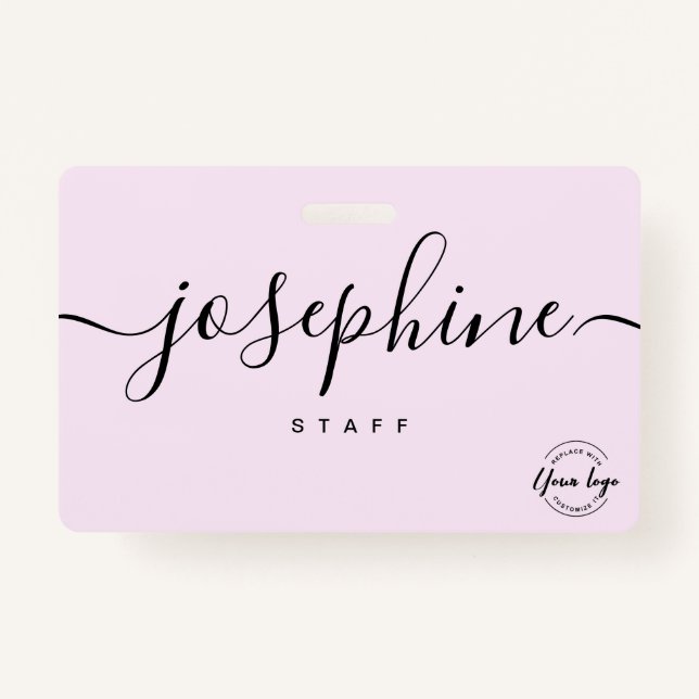 Business logo Custom script name pink staff ID Badge (Front)