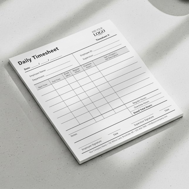 Business Logo Daily Timesheet Professional Branded Notepad (Creator Uploaded)