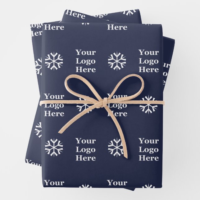 Business Logo Dark Blue White Christmas Snowflakes Wrapping Paper Sheet (In situ)
