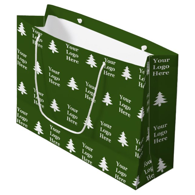 Business Logo Dark Green and White Christmas Trees Large Gift Bag (Front Angled)