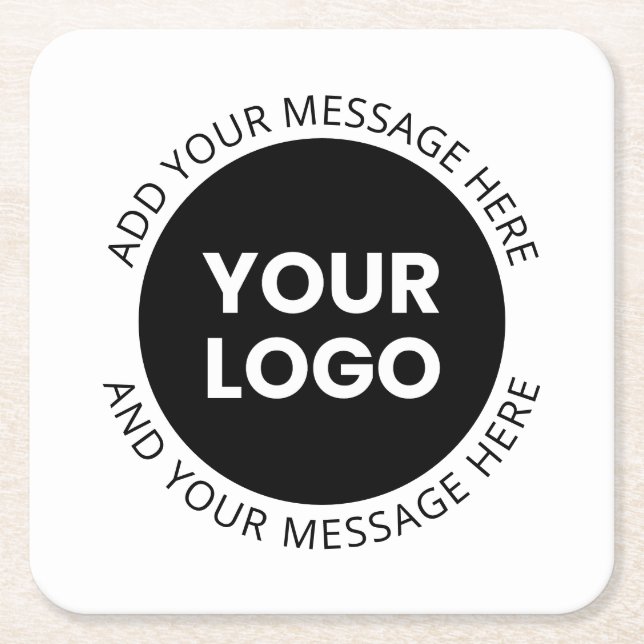 Business Logo & Editable Text  White & Black Square Paper Coaster (Front)
