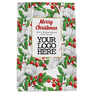 Business Logo Elegant Floral Merry Christmas  Medium Gift Bag