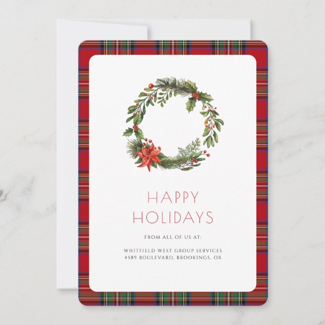 Business Logo Elegant Plaid Tartan Holiday Card (Front)