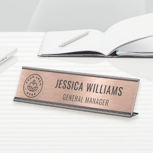 Business Logo Elegant Staff Faux Brushed Rose Gold Desk Name Plate