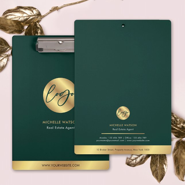 Business Logo Emerald Green & Gold Promotional Clipboard (Modern business branded clipboard in emerald green and faux gold with your logo and contact details)