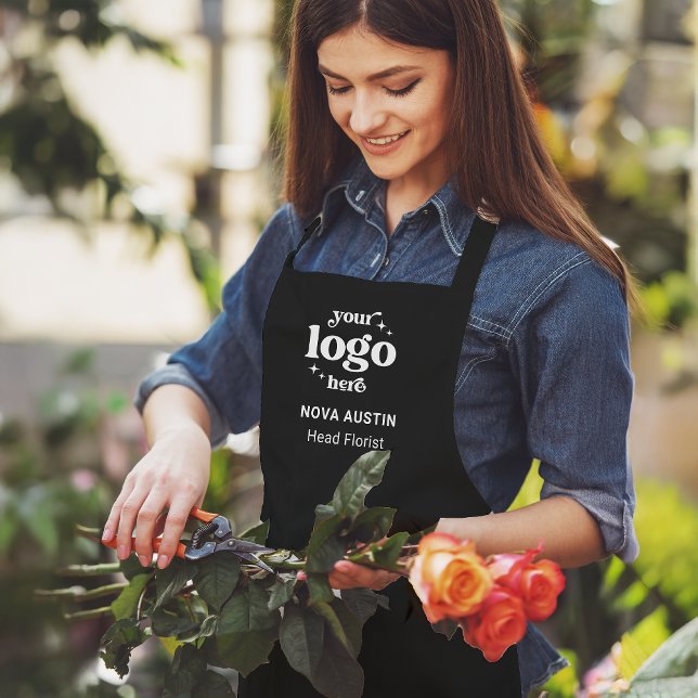 Business Logo Employee Name Job Title Black  Apron (Creator Uploaded)