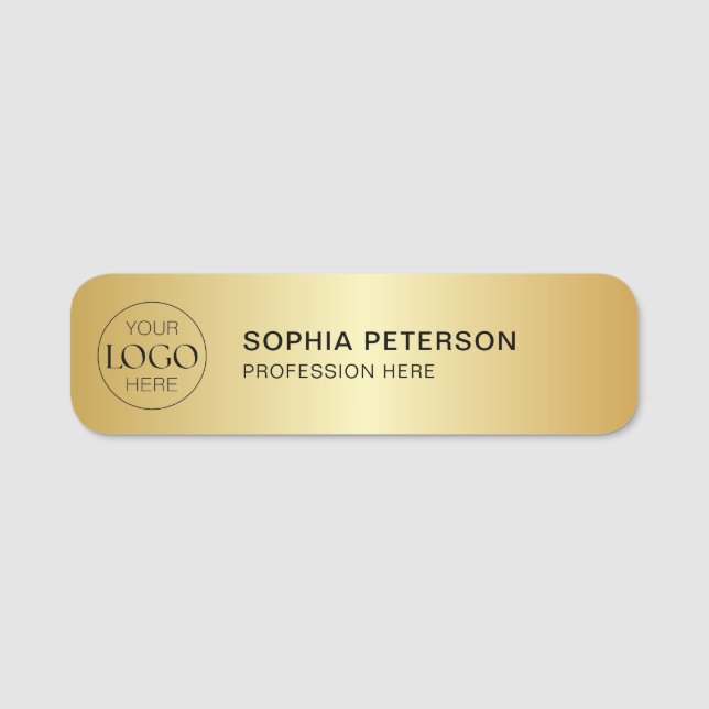 Business Logo Employee Staff Metallic Gold Name Tag (Front)