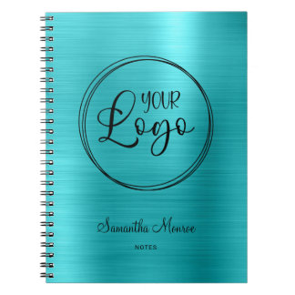 Business Logo Faux Turquoise Blue Foil Meeting Notebook