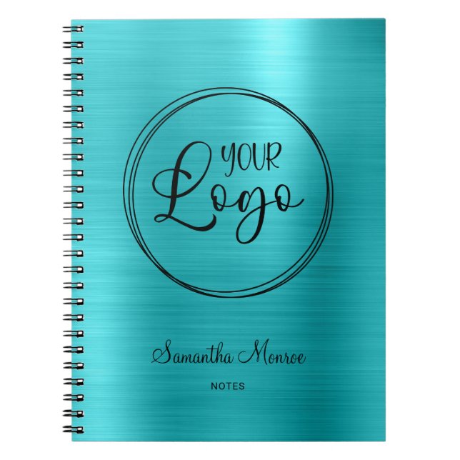 Business Logo Faux Turquoise Blue Foil Meeting Notebook (Front)