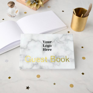 Business Logo Faux White Marble and Gold Text Guest Book