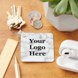 Business Logo Faux White Marble Branded Template Key Ring