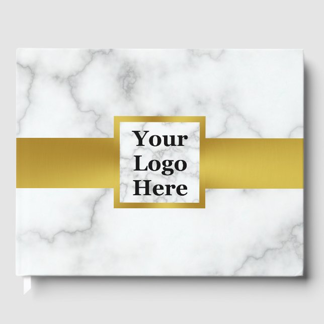 Business Logo Faux White Marble Gold Corporate Guest Book (Front)