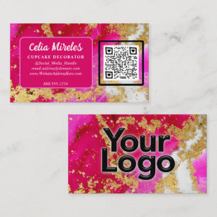 Business Logo Gold Elegance Pink Geode QR Code Enclosure Card