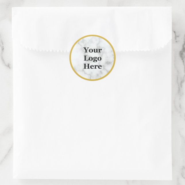 Business Logo Gold & Faux White Marble Template Classic Round Sticker (Bag)