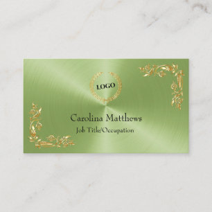 Business Logo Gold Foil Floral Corner Green Business Card