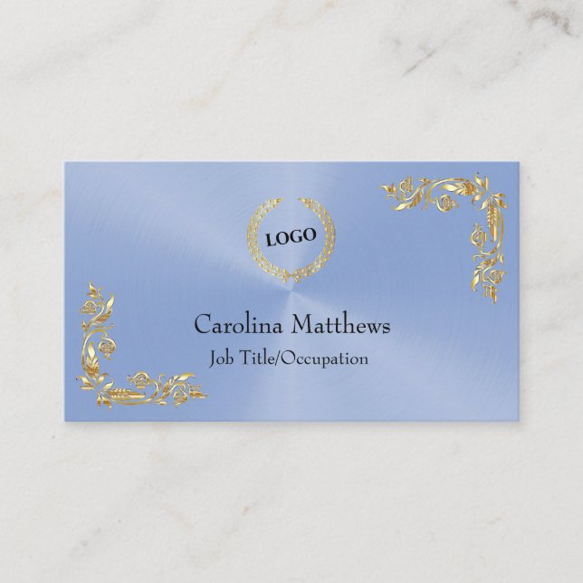 Business Logo Gold Foil Floral Corner Light Blue Business Card (Front)
