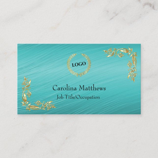 Business Logo Gold Foil Floral Corner Teal Card (Front)