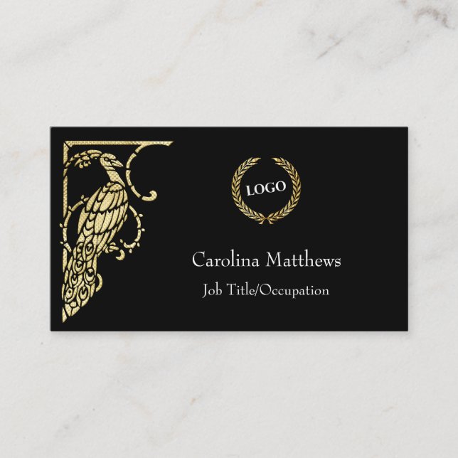 Business Logo Gold Foil Peacock Bird Business Card (Front)