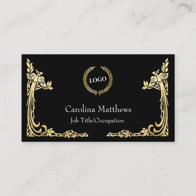Business Logo Gold Foil Peacock Corner Black Card (Front)