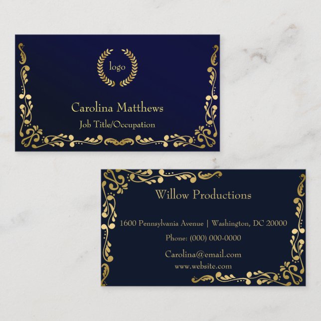 Business Logo Gold Foil Peacock Corner Blu Business Card (Front/Back)