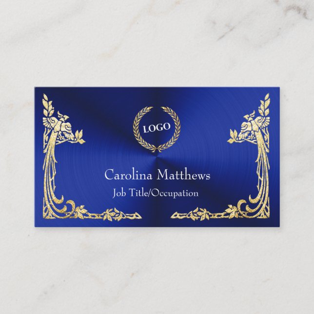 Business Logo Gold Foil Peacock Corner Blue Business Card (Front)