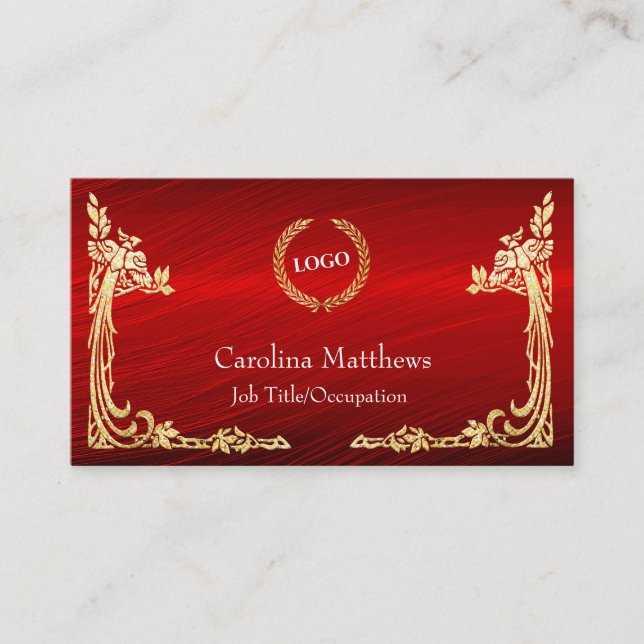 Business Logo Gold Foil Peacock Corner Red Business Card (Front)