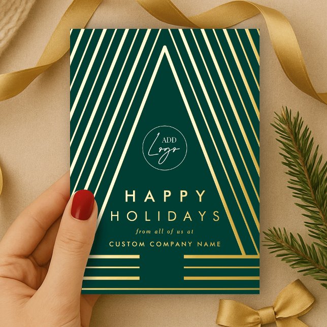 Business Logo Green & Gold Geometric Christmas Foil Holiday Card (Professional Christmas tree green and gold foil corporate logo holiday cards)