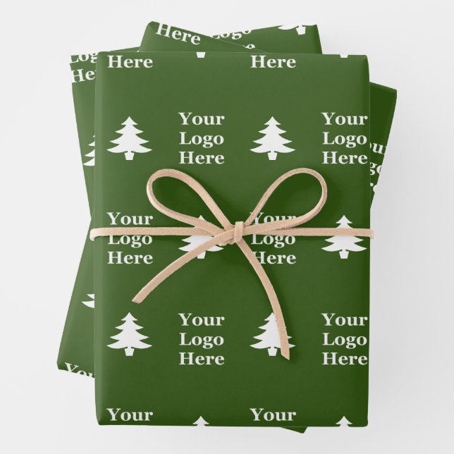 Business Logo Green White Christmas Trees Pattern Wrapping Paper Sheet (In situ)