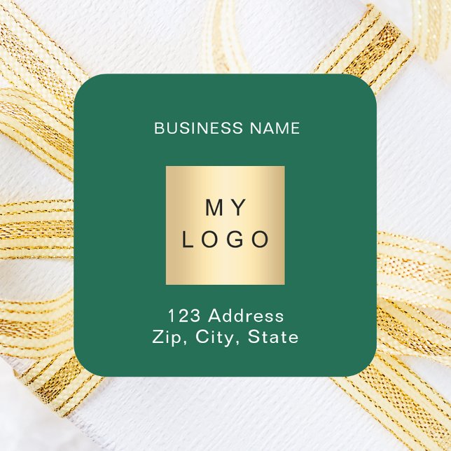 Business logo green white name address square sticker (Creator Uploaded)