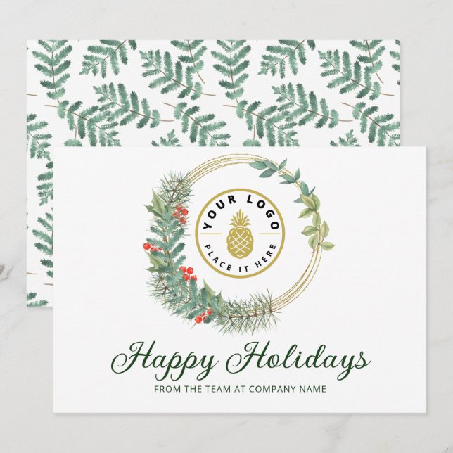 Business Logo Happy Holidays Christmas Wreath Holiday Card (Front/Back)