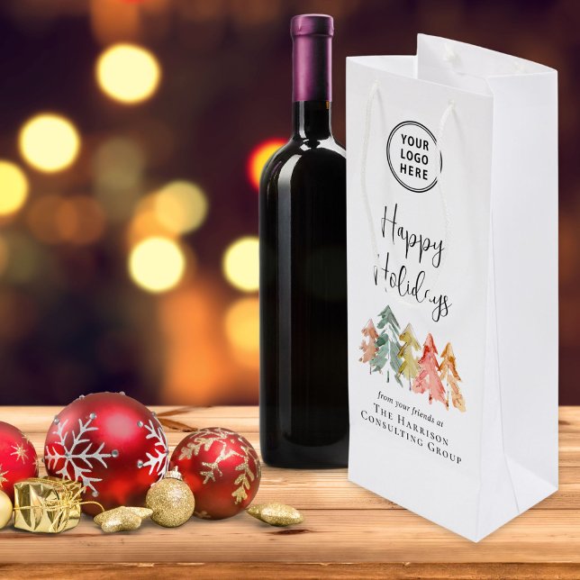 Business Logo Happy Holidays Corporate Christmas Wine Gift Bag (Creator Uploaded)