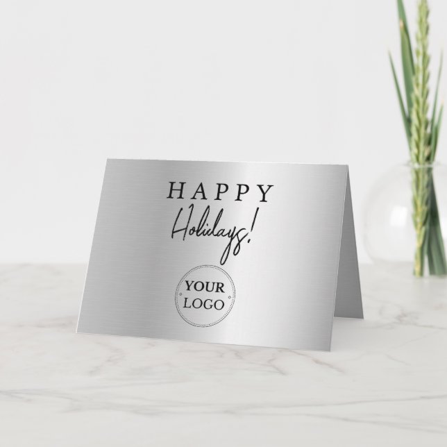 Business Logo Happy Holidays Faux Silver Holiday Card (Front)
