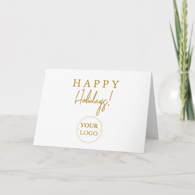 Business Logo Happy Holidays Gold Script Holiday Card (Front)